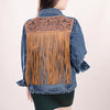 LC-ADJKT008 Classic Western Denim Jacket with Floral Tooled Leather Yoke & Tan Fringe