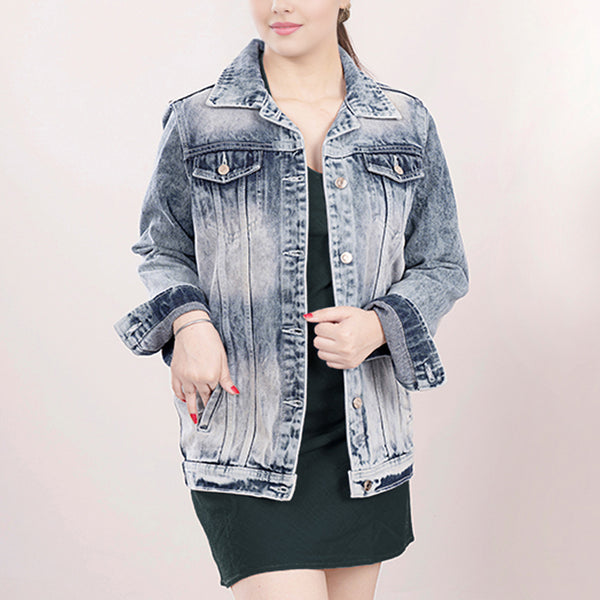 LC-ADJKT010 Acid Wash Denim Jacket with Tooled Leather Rose Yoke & Fringe - Western Cowgirl Style