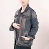 LC-ADJKT011 Western Denim Jacket with Hand-Tooled Tan Leather Yoke - No Fringe