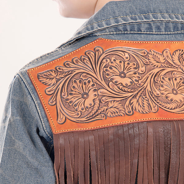 LC-ADJKT013 Hand-Tooled Leather Fringe Western Denim Jacket - Floral Scroll Yoke