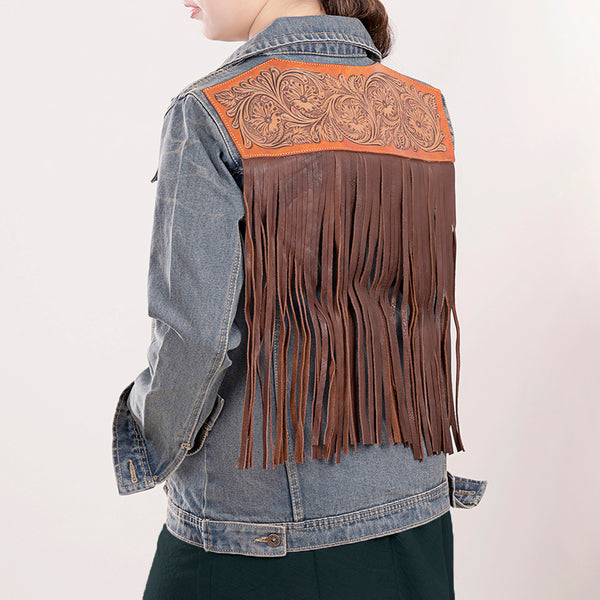 LC-ADJKT013 Hand-Tooled Leather Fringe Western Denim Jacket - Floral Scroll Yoke