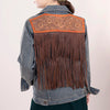 LC-ADJKT013 Hand-Tooled Leather Fringe Western Denim Jacket - Floral Scroll Yoke