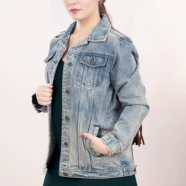 LC-ADJKT015 Western Denim Jacket with Floral Hand-Tooled Leather Yoke, Turquoise Accents & Fringe