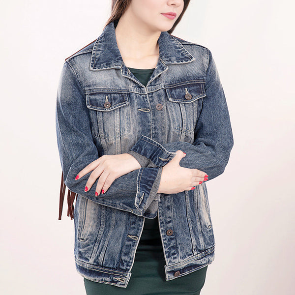 LC-ADJKT016 Denim Jacket with Tooled Leather Sunflowers & Fringe