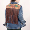 LC-ADJKT017 Denim Jacket with Tooled Cowgirl Scene & Leather Fringe