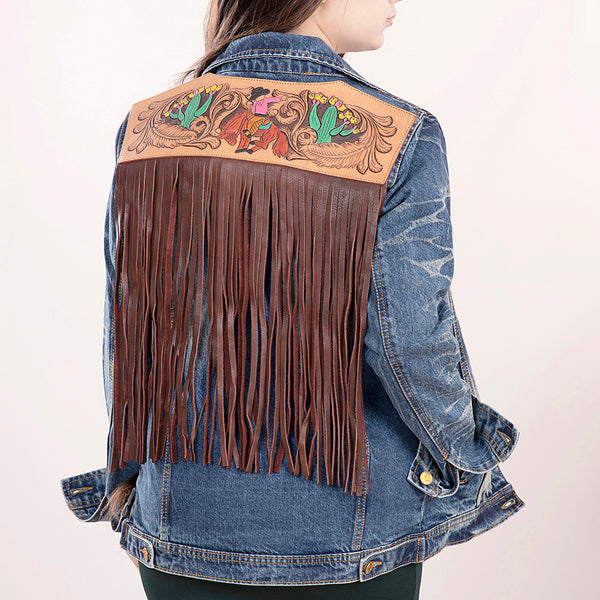 LC-ADJKT017 Denim Jacket with Tooled Cowgirl Scene & Leather Fringe