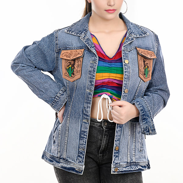 ADJKT001 American Darling Tooled Leather Fringe Denim Jacket Western Cactus Top