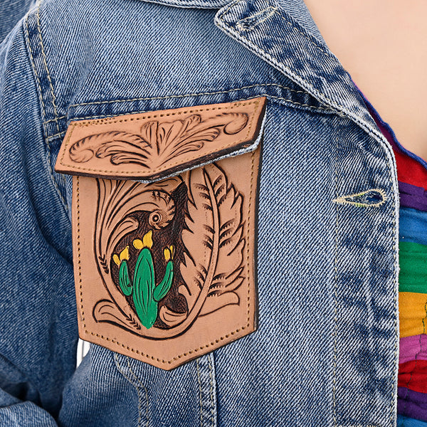 ADJKT001 American Darling Tooled Leather Fringe Denim Jacket Western Cactus Top