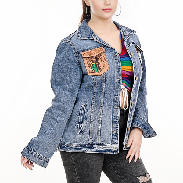 ADJKT001 American Darling Tooled Leather Fringe Denim Jacket Western Cactus Top