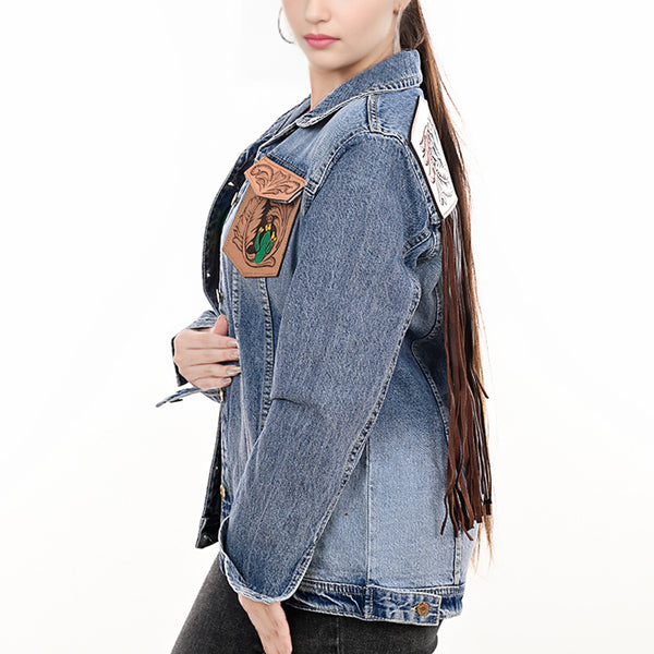 ADJKT001 American Darling Tooled Leather Fringe Denim Jacket Western Cactus Top
