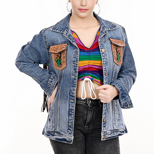 ADJKT001 American Darling Tooled Leather Fringe Denim Jacket Western Cactus Top