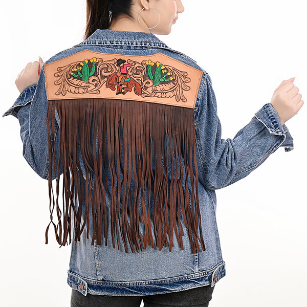 ADJKT001 American Darling Tooled Leather Fringe Denim Jacket Western Cactus Top