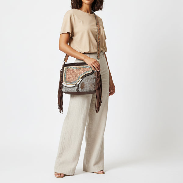 ADBGA335 American Darling Hair-On Cowhide Tooled Leather Cross body Bag With Fringe