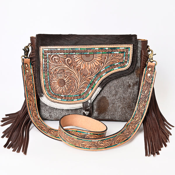 ADBGA335 American Darling Hair-On Cowhide Tooled Leather Cross body Bag With Fringe