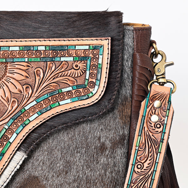 ADBGA335 American Darling Hair-On Cowhide Tooled Leather Cross body Bag With Fringe