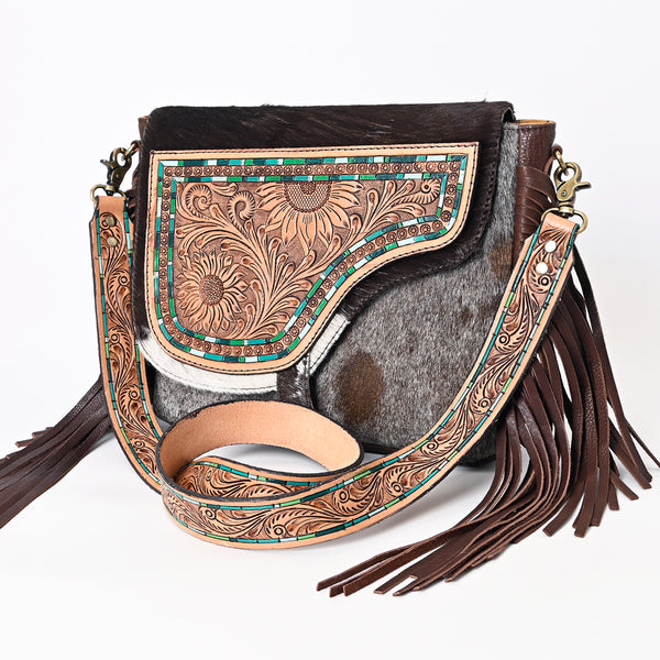 ADBGA335 American Darling Hair-On Cowhide Tooled Leather Cross body Bag With Fringe