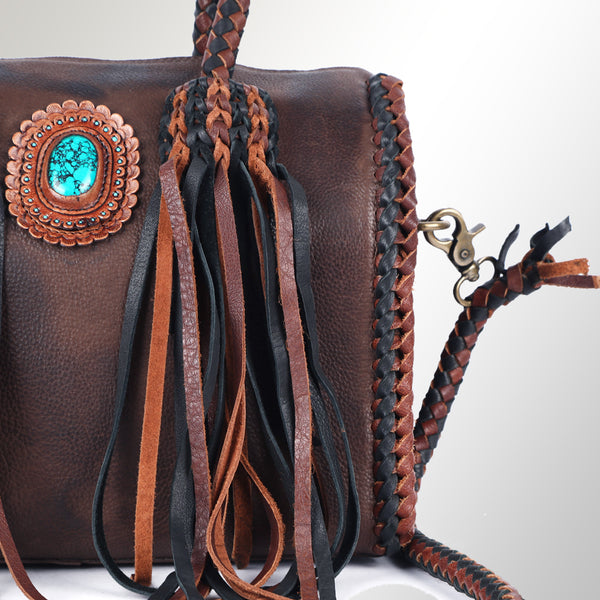 ADBGM270 Western Braided Fringe Duffel with Turquoise Concho - Genuine Leather