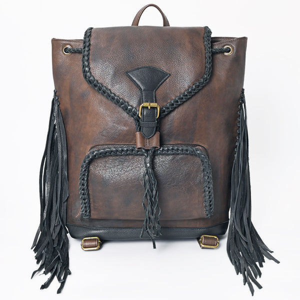 ADBGM275 Western Leather Backpack - Braided Trim, Fringe & Buckle Closure