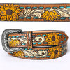 LC-ADBLF204 Sunflower Tooled Leather Belt with Teal Whipstitch and Silver Buckle