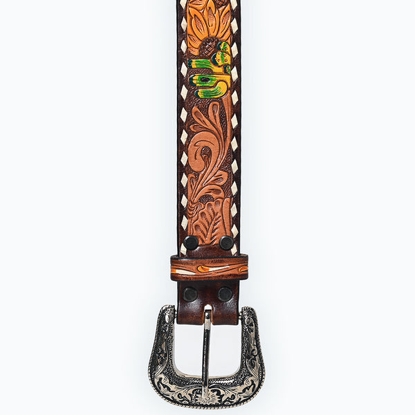 ADBLF205 Poker Hand Tooled Leather Belt with Sunflowers & Silver Buckle