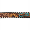ADBLF207 Tooled Leather Western Belt with Leopard Print, Sunflowers & Turquoise Feathers