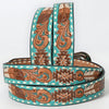 ADBLF212 Turquoise Tooled Leather Western Belt with Tribal & Scroll Pattern
