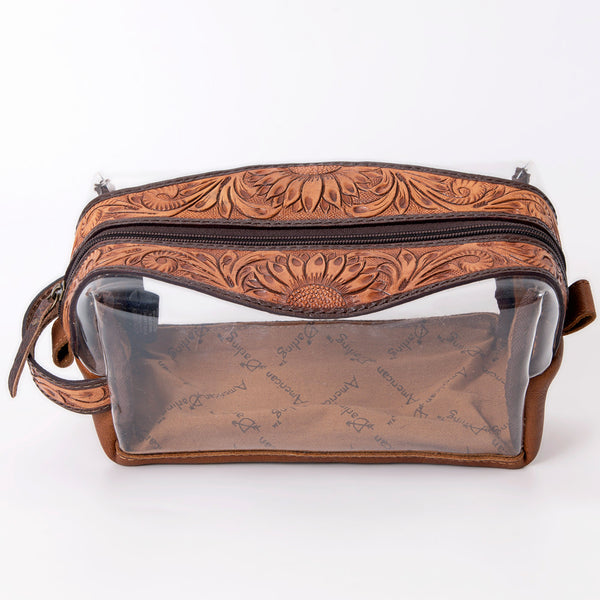 ADBG994 American Darling Hand Tooled Floral Leather Toiletry Clear Bag with Artisan Carving