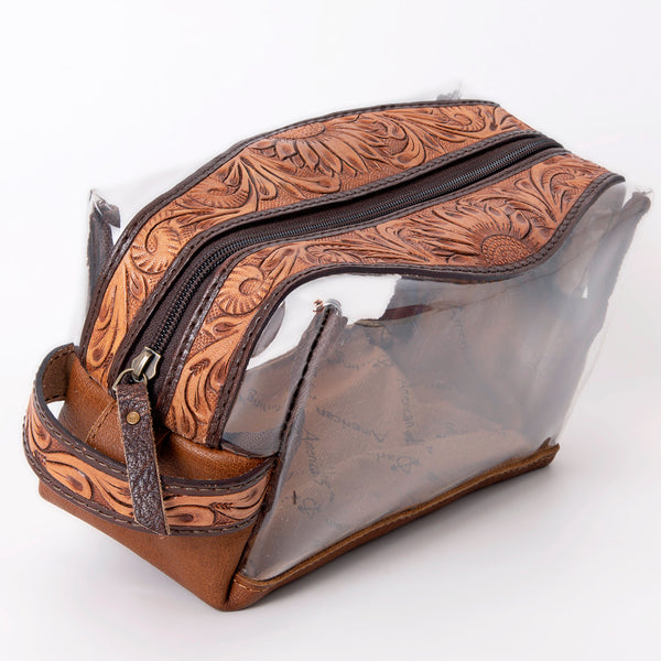 ADBG994 American Darling Hand Tooled Floral Leather Toiletry Clear Bag with Artisan Carving