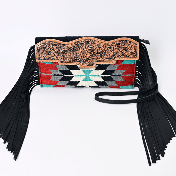ADBG1128 American Darling Tooled Leather & Saddle Blanket Crossbody -Western Fringe Purse