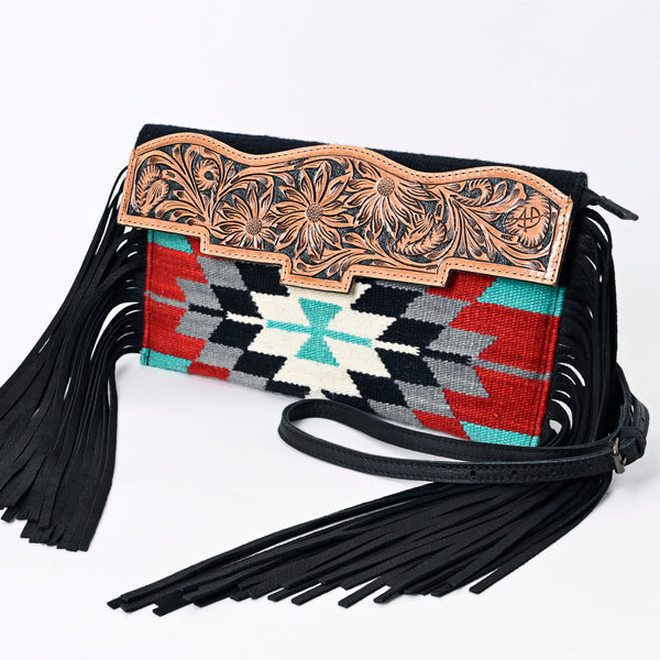 ADBG1128 American Darling Tooled Leather & Saddle Blanket Crossbody -Western Fringe Purse