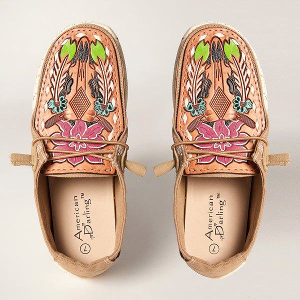 LC-ADFT133BR2 Women's Floral & Feather Tooled Leather Canvas Loafers - Multicolor Western Slip-On