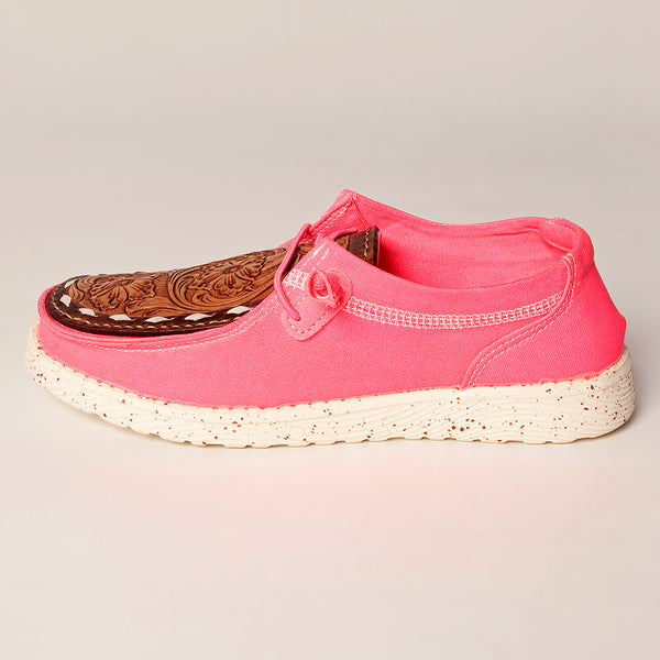 LC-ADFT133NEPK4 Women's Tooled Leather Canvas Loafers - Pink Slip-On with Dark Brown Floral Top