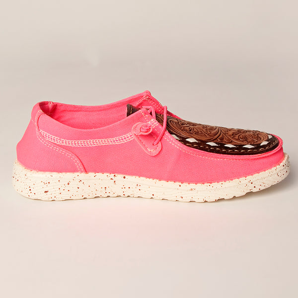 LC-ADFT133NEPK4 Women's Tooled Leather Canvas Loafers - Pink Slip-On with Dark Brown Floral Top
