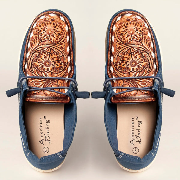 LC-ADFT133NV4 Women's Blue Canvas Loafers with Tan Tooled Leather - American Darling Slip-On Flats