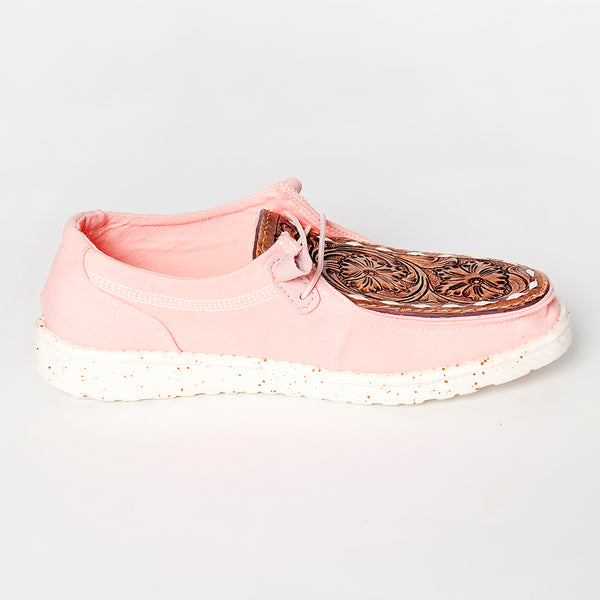 LC-ADFT133PK4 Women's Pink Canvas Loafers with Hand-Tooled Leather - American Darling Floral Slip-Ons