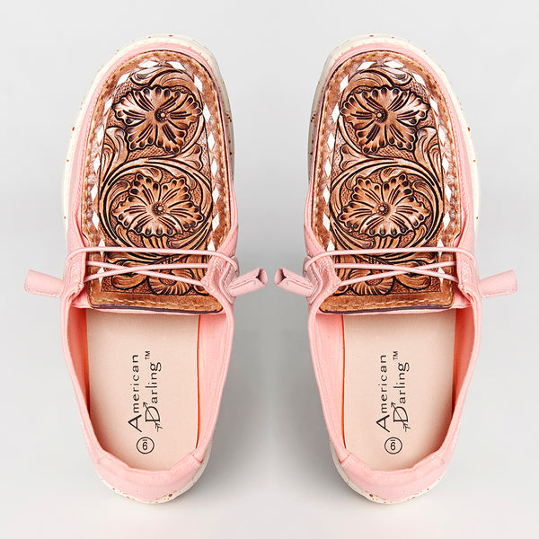 LC-ADFT133PK4 Women's Pink Canvas Loafers with Hand-Tooled Leather - American Darling Floral Slip-Ons
