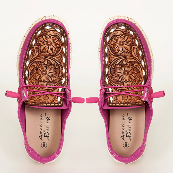 LC-ADFT133PU4 Women's Pink Canvas Loafers with Tooled Leather - American Darling Western Floral Slip-Ons