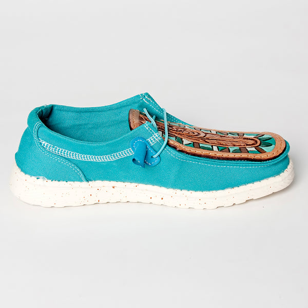 LC-ADFT133TR8 Women's Turquoise Canvas Tooled Leather Loafers - American Darling Western Inlay Slip-Ons