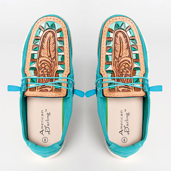 LC-ADFT133TR8 Women's Turquoise Canvas Tooled Leather Loafers - American Darling Western Inlay Slip-Ons