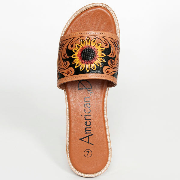 LC-ADFTE106A-9 Sunflower Tooled Leather Slide Sandals - Western Summer Slip-Ons by American Darling