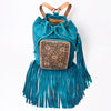 LC-ADBGZ741 Teal Hand Tooled Leather Fringe Backpack - Western Cowgirl Drawstring Bag