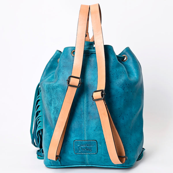 LC-ADBGZ741 Teal Hand Tooled Leather Fringe Backpack - Western Cowgirl Drawstring Bag