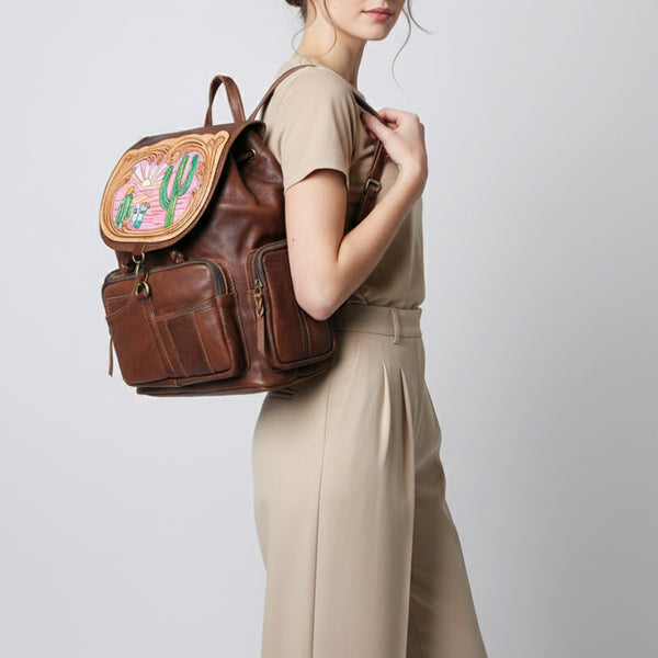 LC-ADBGM344 Tooled Leather Western Backpack with Hand-Painted Desert Cactus Flap - Genuine Brown Leather