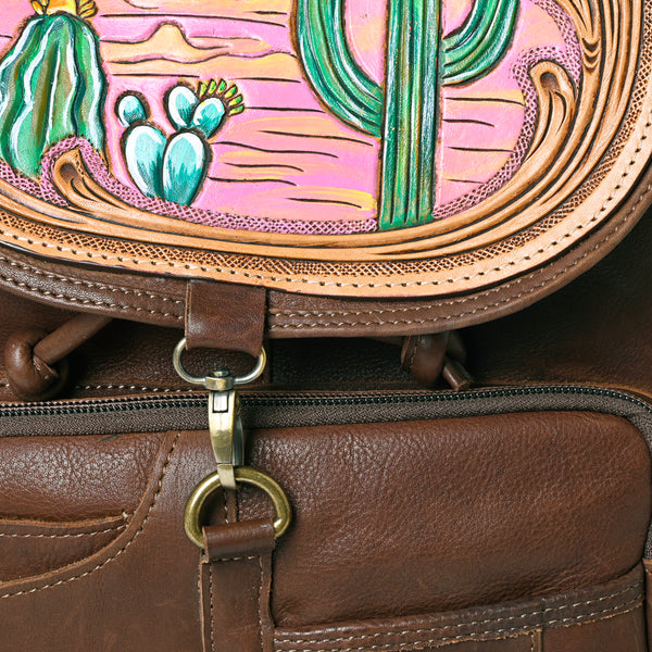 LC-ADBGM344 Tooled Leather Western Backpack with Hand-Painted Desert Cactus Flap - Genuine Brown Leather