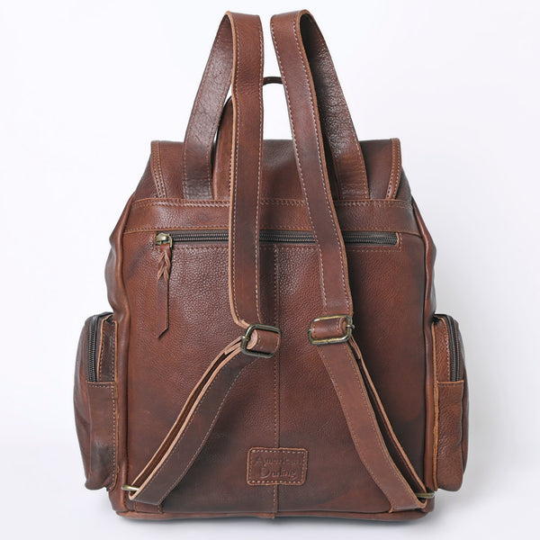 LC-ADBGM344 Tooled Leather Western Backpack with Hand-Painted Desert Cactus Flap - Genuine Brown Leather