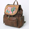 LC-ADBGM344 Tooled Leather Western Backpack with Hand-Painted Desert Cactus Flap - Genuine Brown Leather