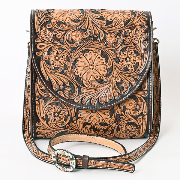 ADBGA356 American Darling Hand-Tooled Leather Western Crossbody Bag Floral Pattern & Buckle Strap