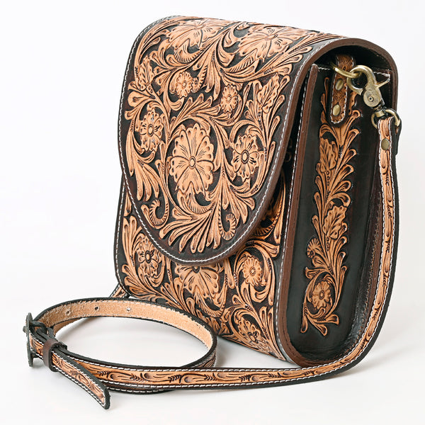 ADBGA356 American Darling Hand-Tooled Leather Western Crossbody Bag Floral Pattern & Buckle Strap