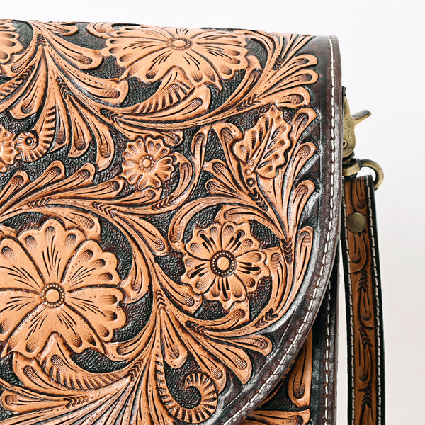ADBGA356 American Darling Hand-Tooled Leather Western Crossbody Bag Floral Pattern & Buckle Strap