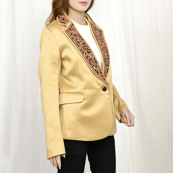 ADBZ022 Artisanal Hand-Tooled Floral Leather & Yellow Fabric Western Blazer